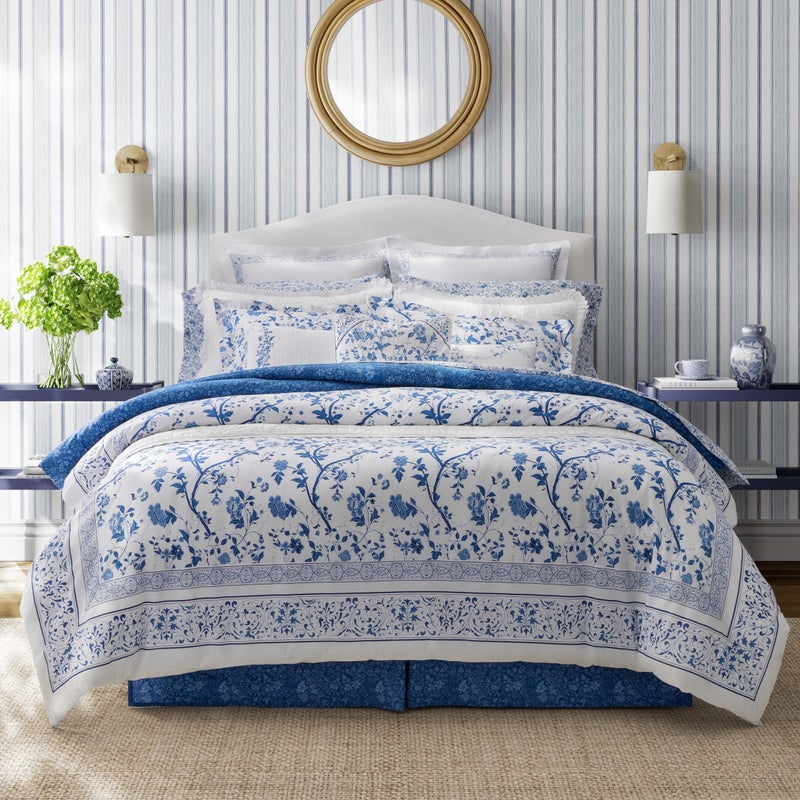 Laura Ashley - Queen Comforter Set, Soft & Reversible Cotton Bed Set, 4 Piece Floral Bedding with Matching Pillowcases & Bonus Bed Skirt (Charlotte Blue) - Image 2